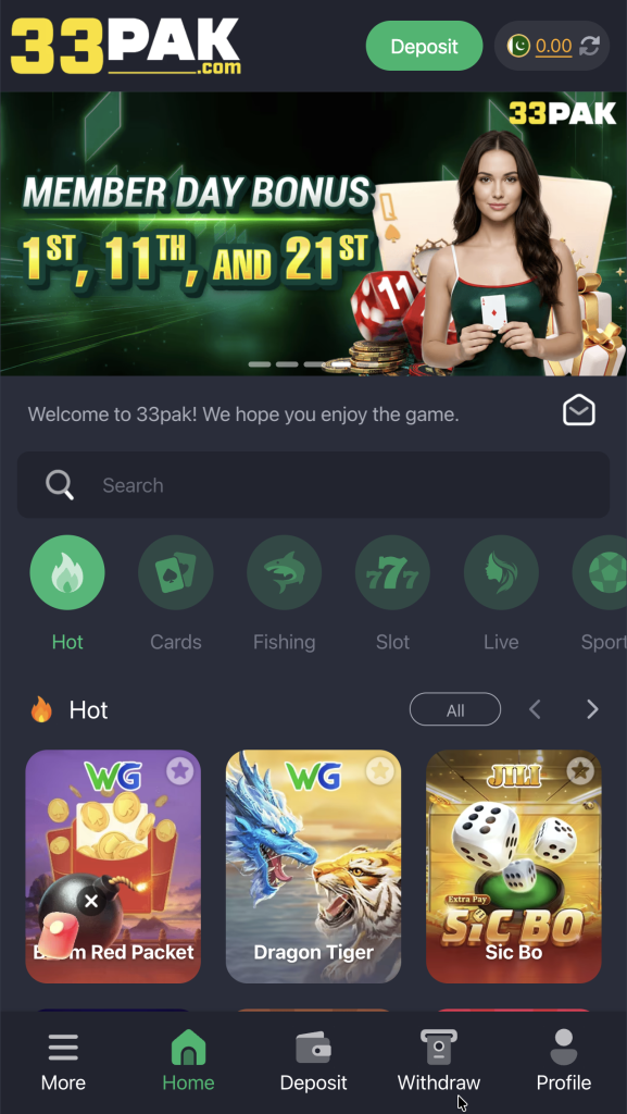 33Pak Game lobby showing slots, color prediction and live casino games